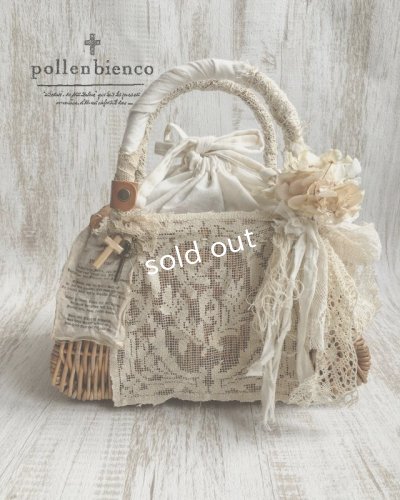 画像1: pollenbienco／アンティークレースのかごバッグ・ドイリーと花束