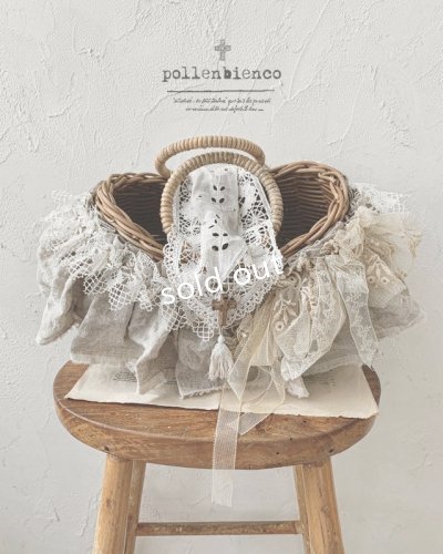 画像1: pollenbienco／アンティークレースのラウンドハンドルバスケット