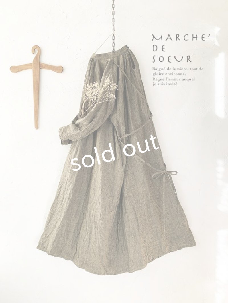 画像1: MARCHE' DE SOEUR／グレンチェックリネン バッククロスギャザーワンピース・ヴィンテージカーキ (1)