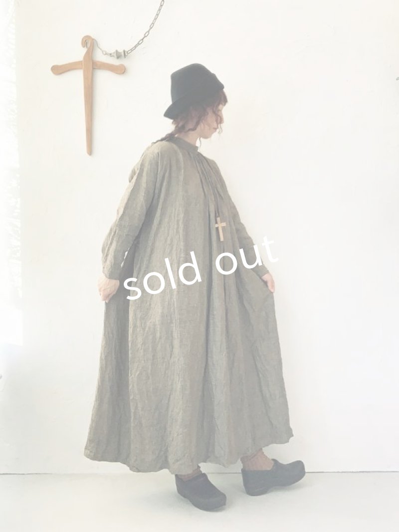 画像14: MARCHE' DE SOEUR／グレンチェックリネン バッククロスギャザーワンピース・ヴィンテージカーキ (14)