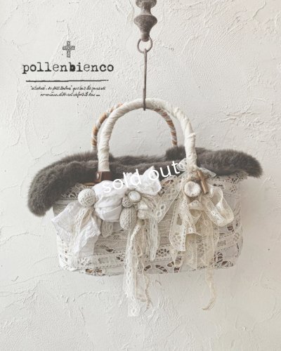 画像1: pollenbienco／アンティークレースとファーのラウンドバッグ