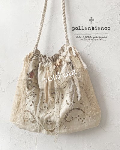 画像1: pollenbienco／アンティークレースと十字架のロープバッグ