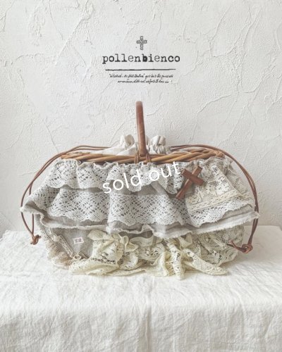 画像1: pollenbienco／アンティークレースのウッドハンドルバスケット・A