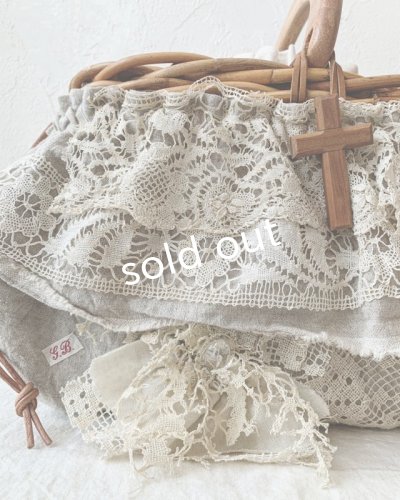 画像3: pollenbienco／アンティークレースのウッドハンドルバスケット・B