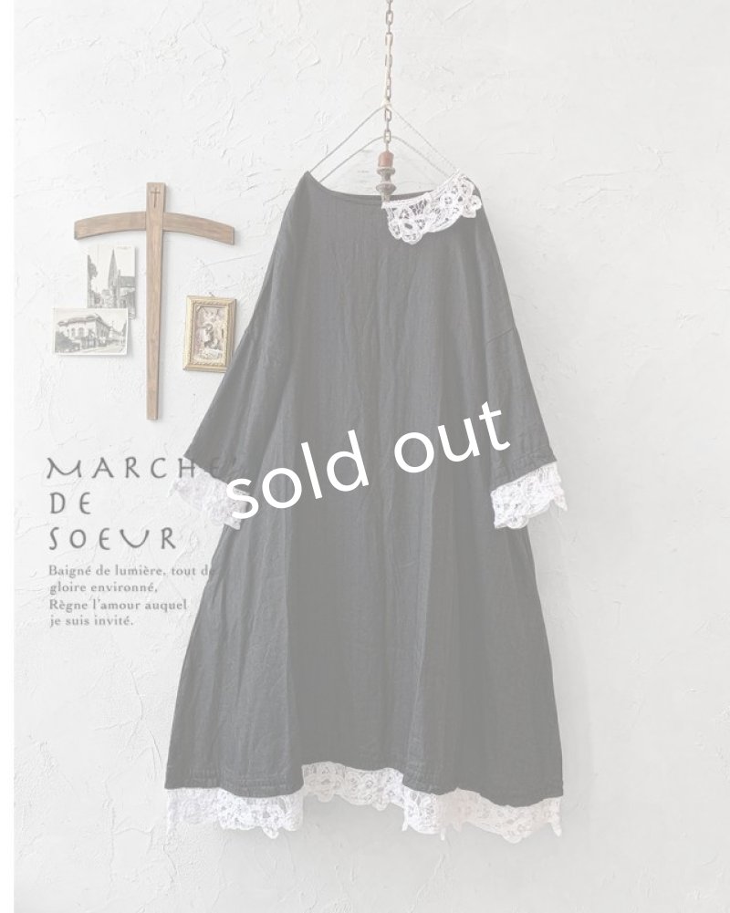 画像3: MARCHE' DE SOEUR／バテンレース付きフレンチワンピース・へリンボンブラック (3)