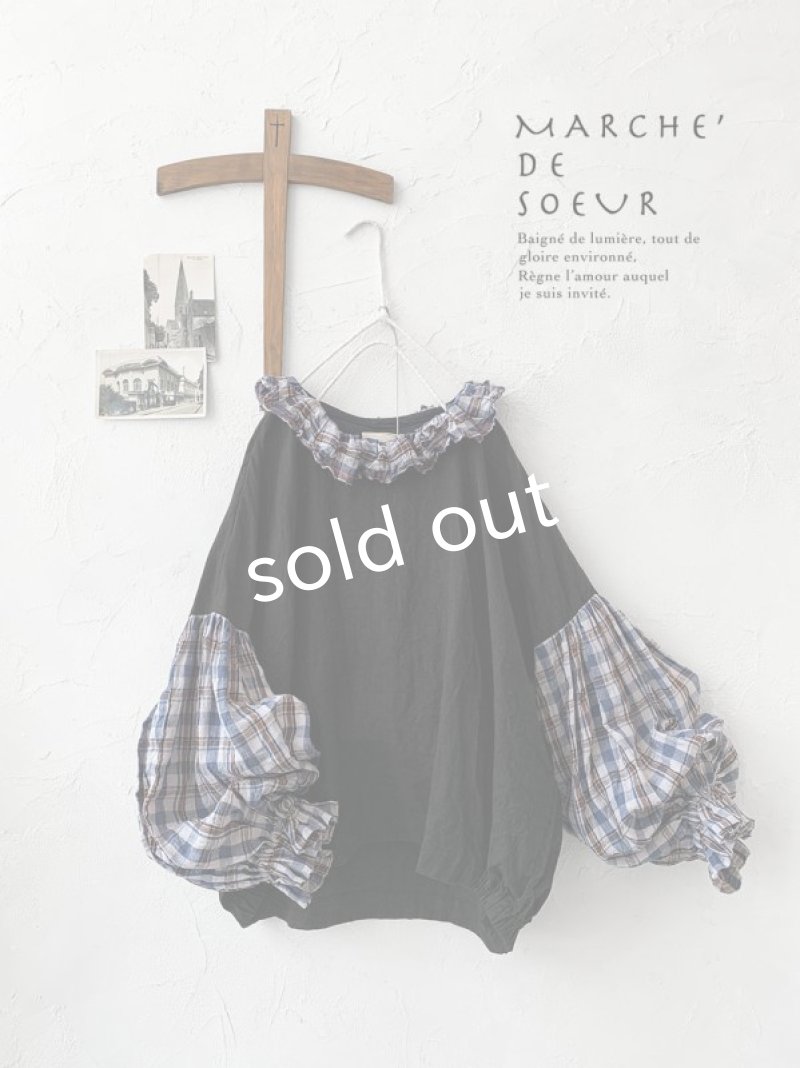画像1: MARCHE' DE SOEUR／ラッフルバルーンプルオーバー・黒×ブルーチェック (1)