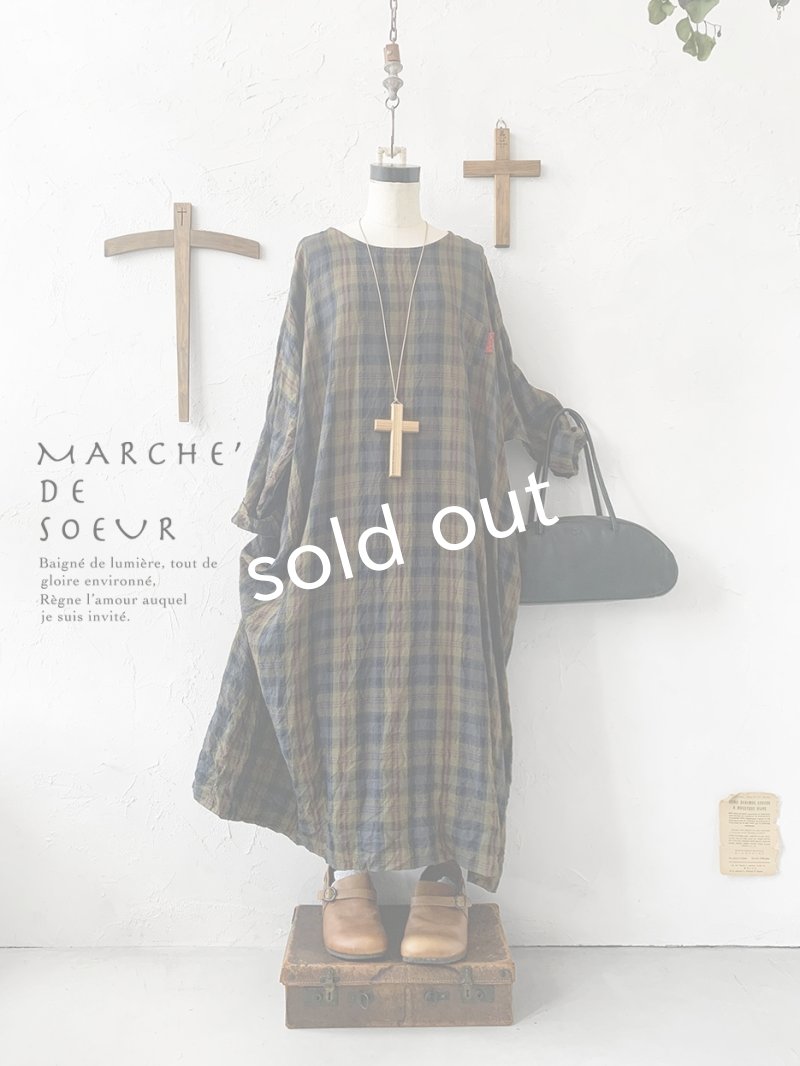 画像1: MARCHE' DE SOEUR／シンプルワンピース・カーキチェック (1)
