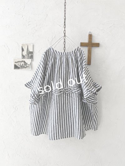 画像8: ubasoku/0920 ラウンドフリル半袖ブラウス・ブラックストライプ