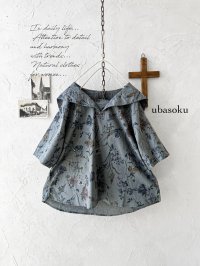ubasoku/0923 セーラー衿のボタニカル半袖ブラウス・ブルー