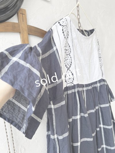 画像4: shizuka's【27】アンティークレースちょうちょ袖ワンピース・ネイビーチェック