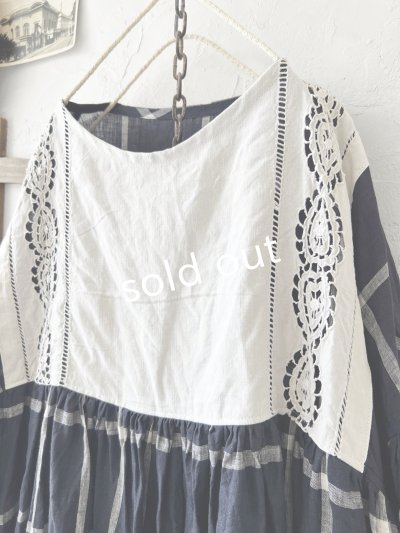 画像3: shizuka's【27】アンティークレースちょうちょ袖ワンピース・ネイビーチェック