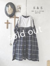 shizuka's【27】アンティークレースちょうちょ袖ワンピース・ネイビーチェック