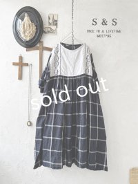 shizuka's【27】アンティークレースちょうちょ袖ワンピース・ネイビーチェック