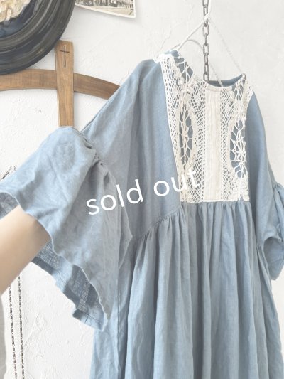 画像3: shizuka's【28】アンティークレースちょうちょ袖ワンピース・くすみブルー