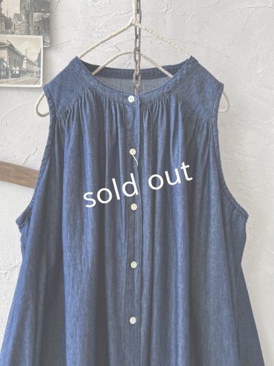 画像3: sorte cuff／インディゴノースリーブギャザーワンピース