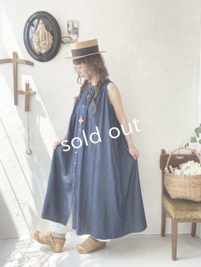 画像10: sorte cuff／インディゴノースリーブギャザーワンピース