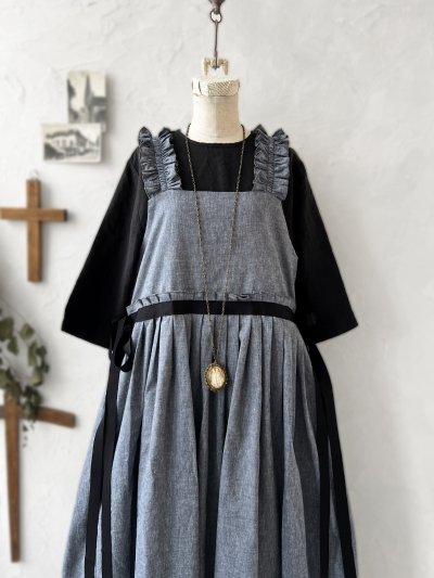 画像2: kosatofuku／フリルショルダーとプリーツリボンのワンピース・デニム
