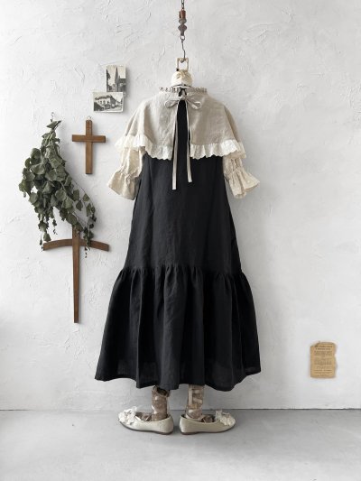 画像2: kosatofuku／フリルケープ付のリネンローギャザーワンピース・黒