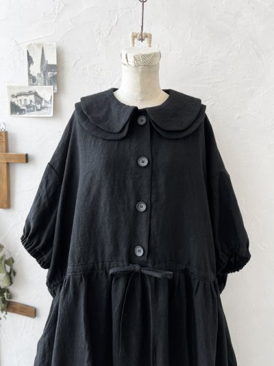 画像2: kosatofuku／二枚衿のリネンギャザーワンピース・黒