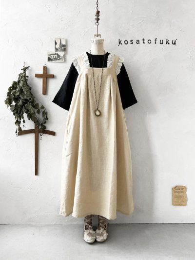 画像2: kosatofuku／レースフリルショルダーのサロペットワンピース・生成り