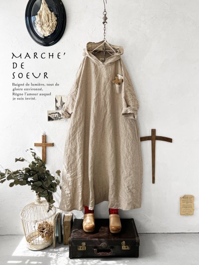 画像1: MARCHE' DE SOEUR／Ａラインフードワンピース・ベージュシャンブレー