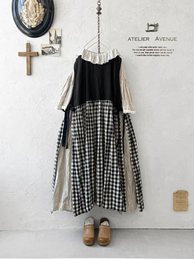 画像1: Avenue／サイドリボンノースリワンピース・黒×ギンガム