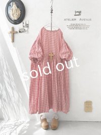 Avenue／パフ袖ギャザーワンピース・赤ギンガム