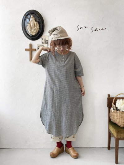 画像1: seasew.／309 ヘンリーネックワンピース・ギンガム