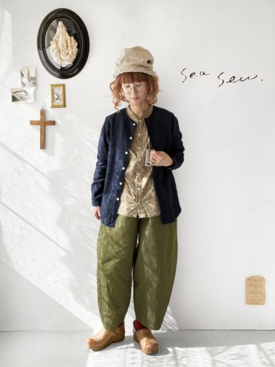 画像1: seasew.／201 コットンリネンノーカラーシャツ・ネイビー