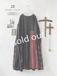 Avenue／赤チェック切り替えギャザーワンピース・黒