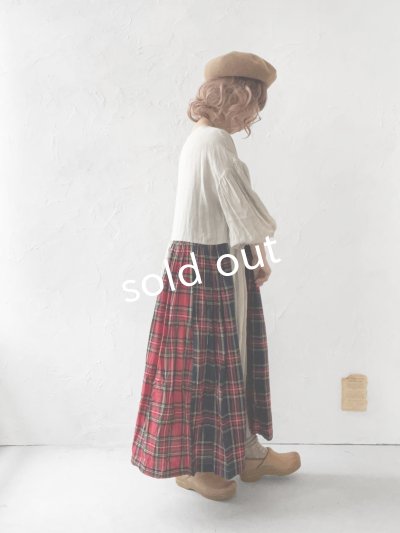 画像10: Avenue／赤チェック切り替えギャザーワンピース・生成り