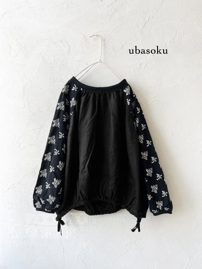 画像1: ubasoku/0200 刺繍の裾りぼんプルオーバー・黒