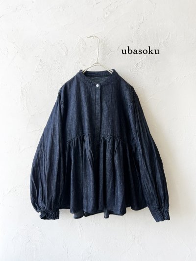 画像1: ubasoku/0108 比翼ギャザーブラウス・インディゴ