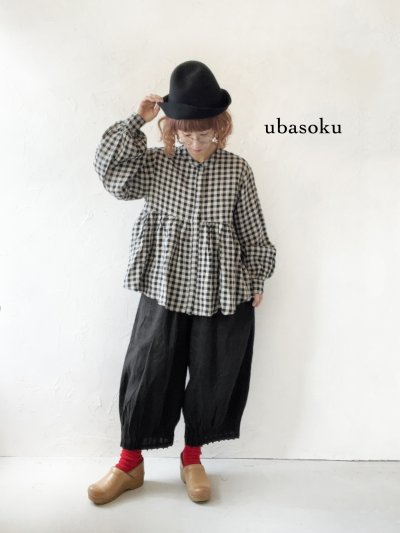 画像1: ubasoku/0107 比翼ギャザーブラウス・ブロックチェック