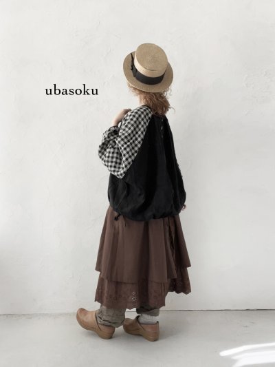 画像1: ubasoku/0201 刺繍の裾りぼんプルオーバー・ギンガム