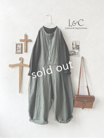 画像1: Libera&Capricciosa／天日干しリネンオーバーオール・ダークブルッシュグリーン