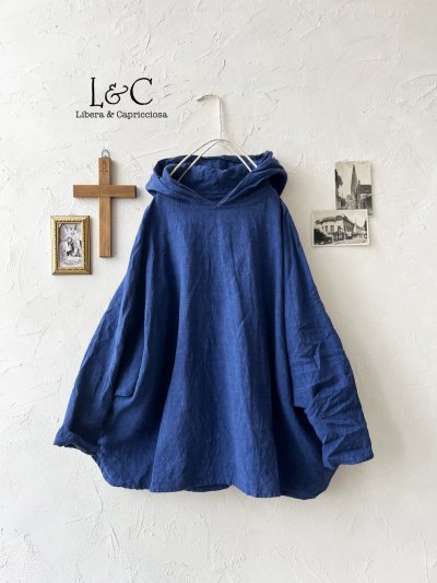 画像1: Libera&Capricciosa／天日干しリネンフードプルオーバー・インクブルー