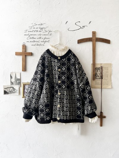 画像1: SO／チロリアンニット2wayカーディガン・ブラック×オートミール