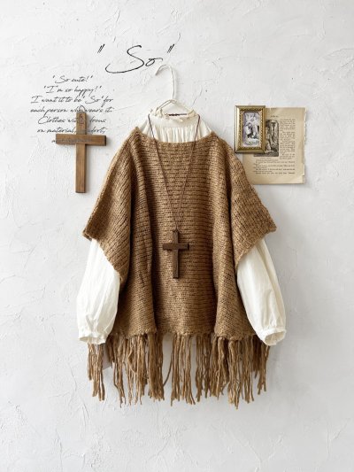 画像1: SO／フリンジニットポンチョ・キャメルベージュ