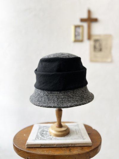 画像6: 羊帽子店／12-1bk クラシカルツイードの冬のダブルハット・杢ブラック×ブラック