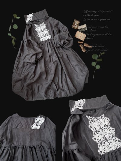 画像2: 【ノエルの贈り物】セーラー襟のレースワンピース・ダークグレー【20】