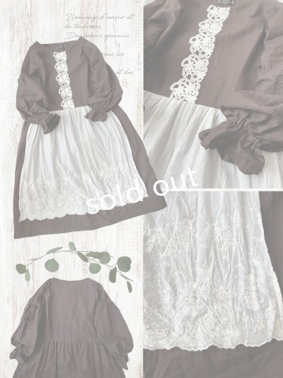 画像2: 【ノエルの贈り物】チョコブラウンのパフスリーブレースワンピース・A【21】