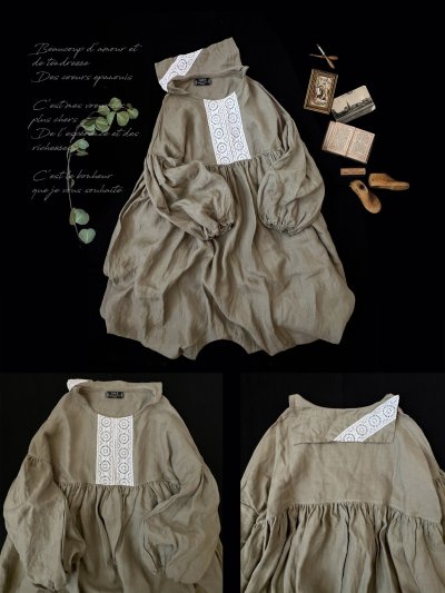 画像2: 【ノエルの贈り物】セーラー襟のレースワンピース・カーキ【19】