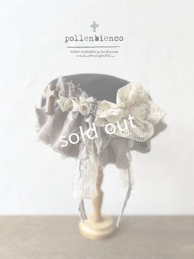 画像1: pollenbienco／アンティークレースのベレー帽・黒