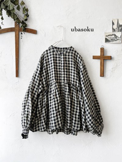 画像1: ubasoku/0107 比翼ギャザーブラウス・ブロックチェック