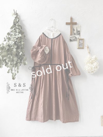 画像1: shizuka's／リネンのリボンワンピース（パフスリーブ）テラコッタ