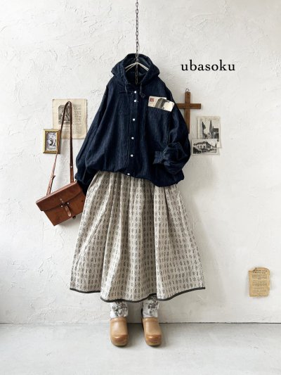 画像1: ubasoku/0017 フード付きデニムバルーンブラウス・インディゴ