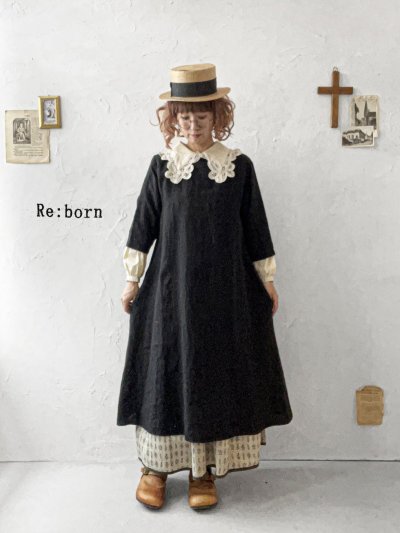 画像1: Re:born/リネン七分袖ワンピース・黒