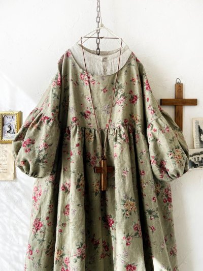 画像2: MARCHE' DE SOEUR／パフ袖チュニックワンピース・花柄モスグリーン