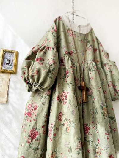 画像5: MARCHE' DE SOEUR／パフ袖チュニックワンピース・花柄モスグリーン